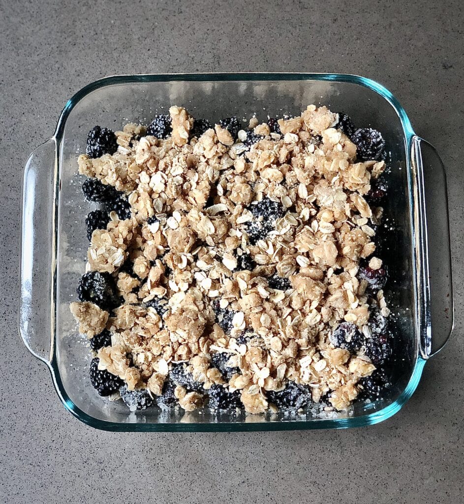 dark blackberries and a golden oat topping in a glass dish