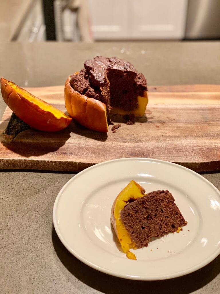 Pumpkin cake served with butterscotch sauce