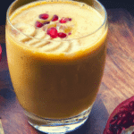 A golden smoothie beverage in a glass cup with garnish