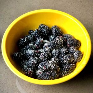 dark blackberries and a golden oat topping in a yellow bowl